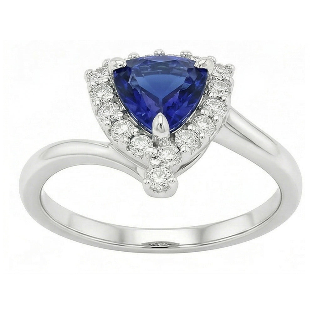 Engagement Halo Natural Earth Mined Diamond ( Not Lab Grown ) Ring Trillion Deep Blue Sapphire 2 Carats