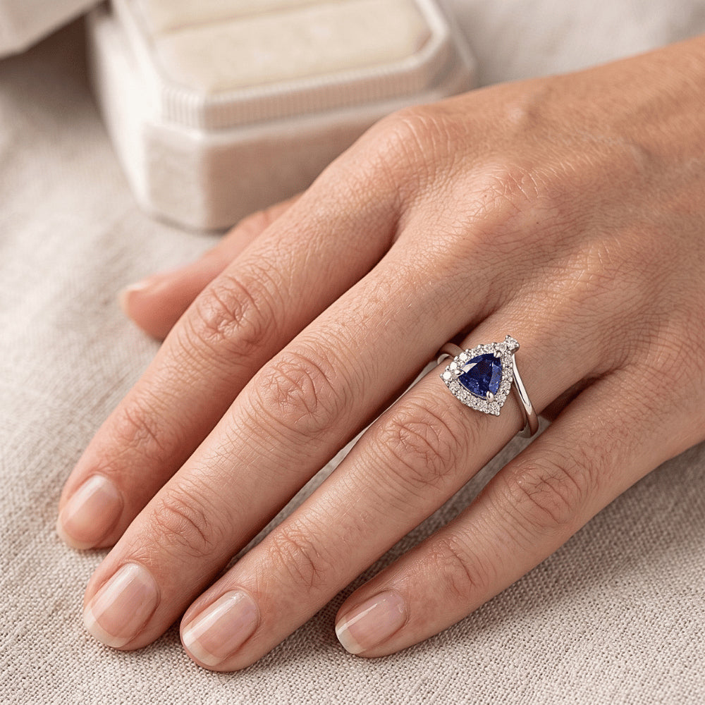 Engagement Halo Natural Earth Mined Diamond ( Not Lab Grown ) Ring Trillion Deep Blue Sapphire 2 Carats