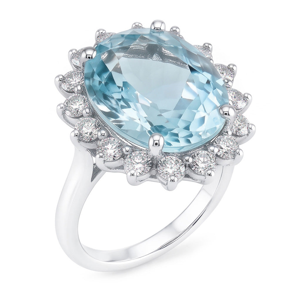 Engagement Ring 11.50 Ct Round Aquamarine And Natural Earth Mined Diamond ( Not Lab Grown )s White Gold