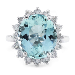 Engagement Ring 11.50 Ct Round Aquamarine And Natural Earth Mined Diamond ( Not Lab Grown )s White Gold