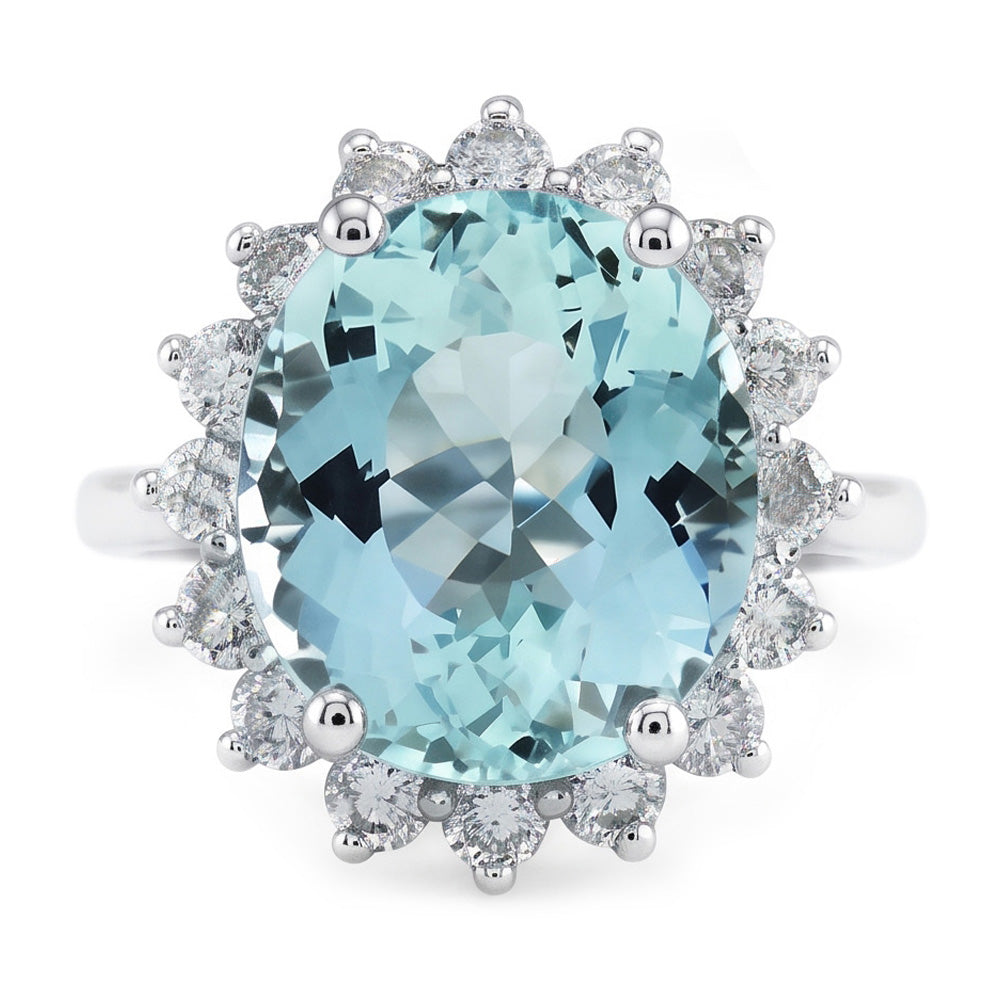 Engagement Ring 11.50 Ct Round Aquamarine And Natural Earth Mined Diamond ( Not Lab Grown )s White Gold