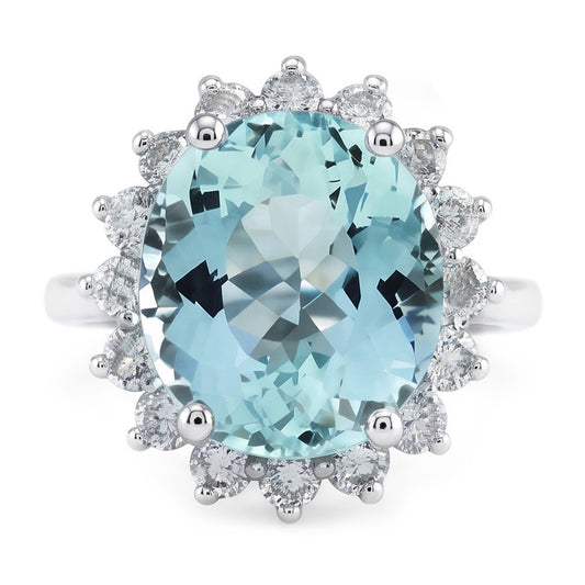 Engagement Ring 11.50 Ct Round Aquamarine And Natural Earth Mined Diamond ( Not Lab Grown )s White Gold
