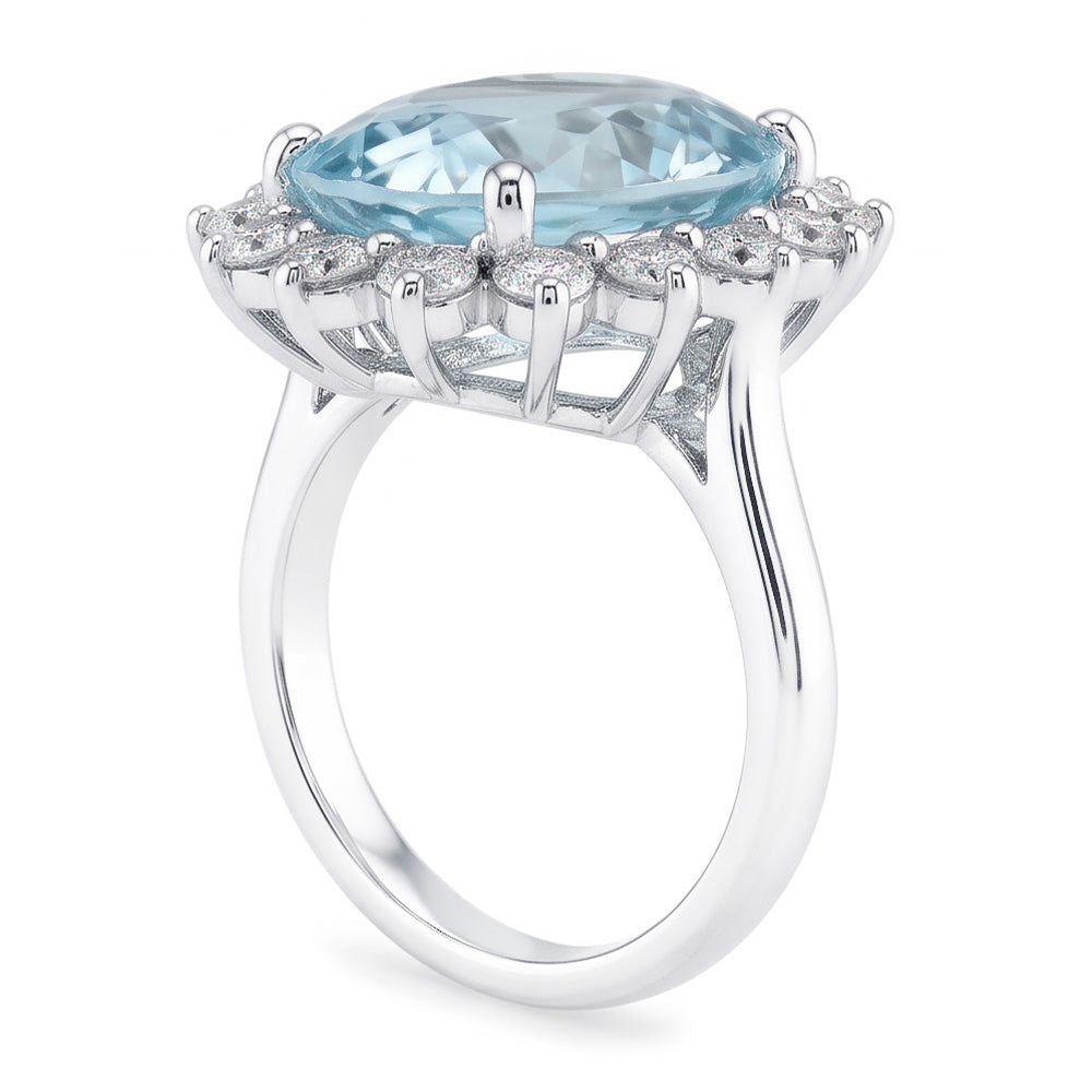 Engagement Ring 11.50 Ct Round Aquamarine And Natural Earth Mined Diamond ( Not Lab Grown )s White Gold