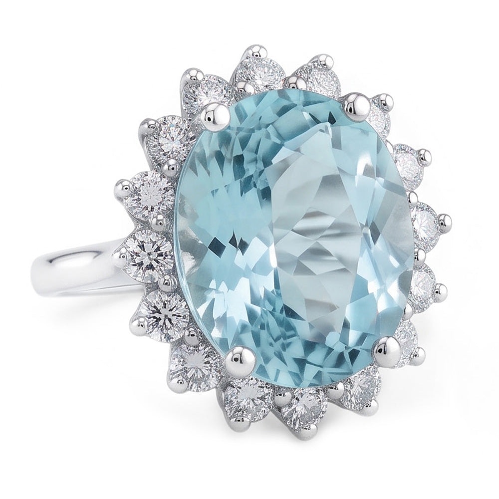Engagement Ring 11.50 Ct Round Aquamarine And Natural Earth Mined Diamond ( Not Lab Grown )s White Gold