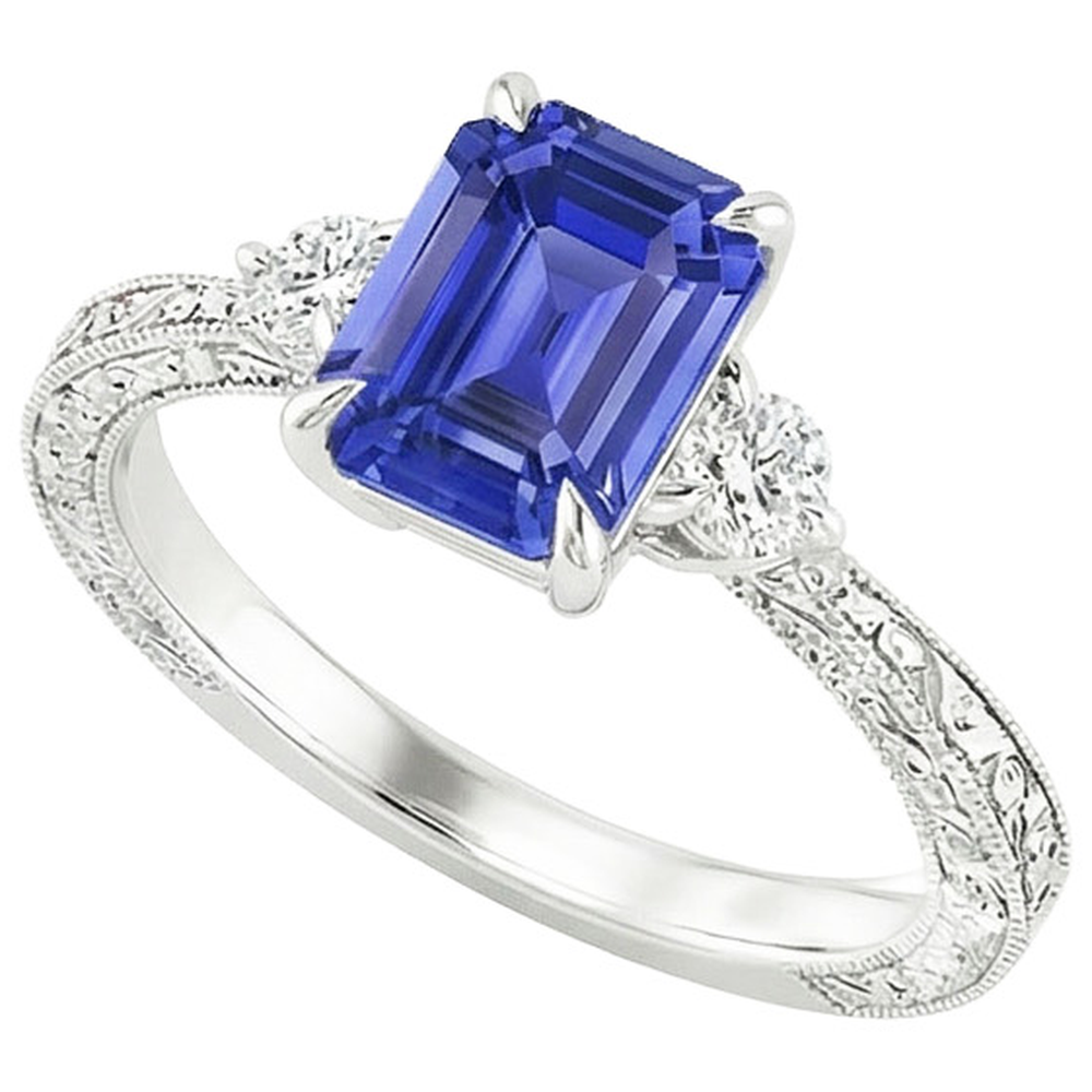 Engagement Ring 3 Stones Emerald Blue Sapphire & Natural Earth Mined Diamond ( Not Lab Grown ) 3.50 Carats