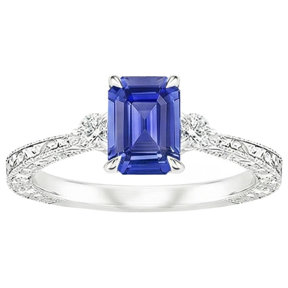 Engagement Ring 3 Stones Emerald Blue Sapphire & Natural Earth Mined Diamond ( Not Lab Grown ) 3.50 Carats