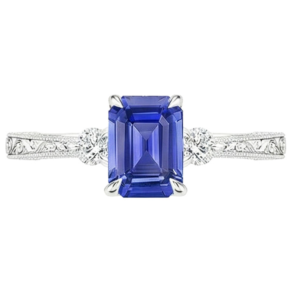 Engagement Ring 3 Stones Emerald Blue Sapphire & Natural Earth Mined Diamond ( Not Lab Grown ) 3.50 Carats