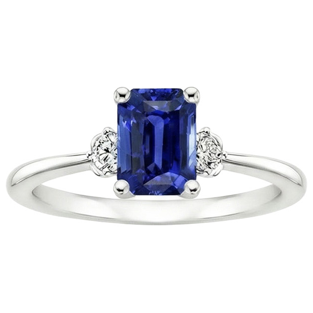 Engagement Ring 3 Stones Radiant Ceylon Sapphire & Natural Earth Mined Diamond ( Not Lab Grown ) 3.50 Carats