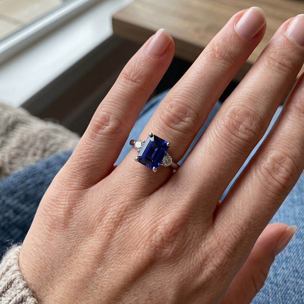 Engagement Ring 3 Stones Radiant Ceylon Sapphire & Natural Earth Mined Diamond ( Not Lab Grown ) 3.50 Carats