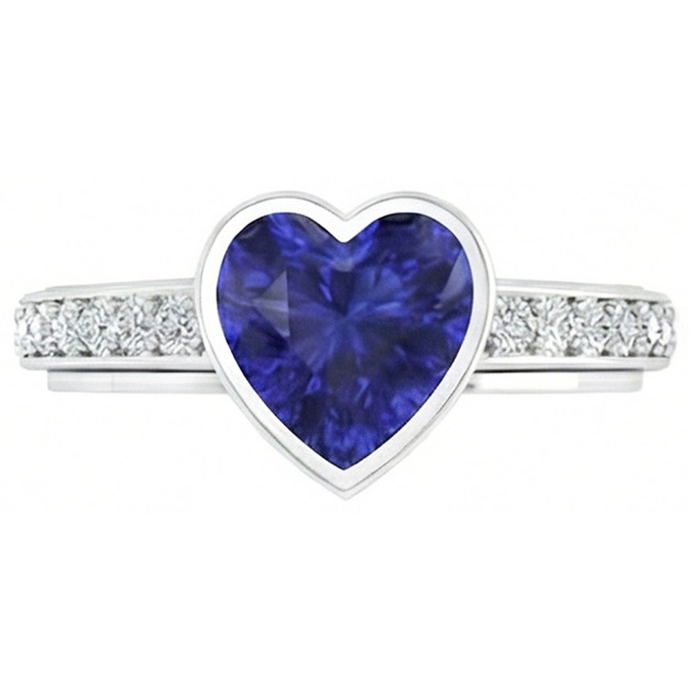 Engagement Ring Bezel Set Deep Blue Sapphire 3.50 Carats Pave Natural Earth Mined Diamond ( Not Lab Grown )s