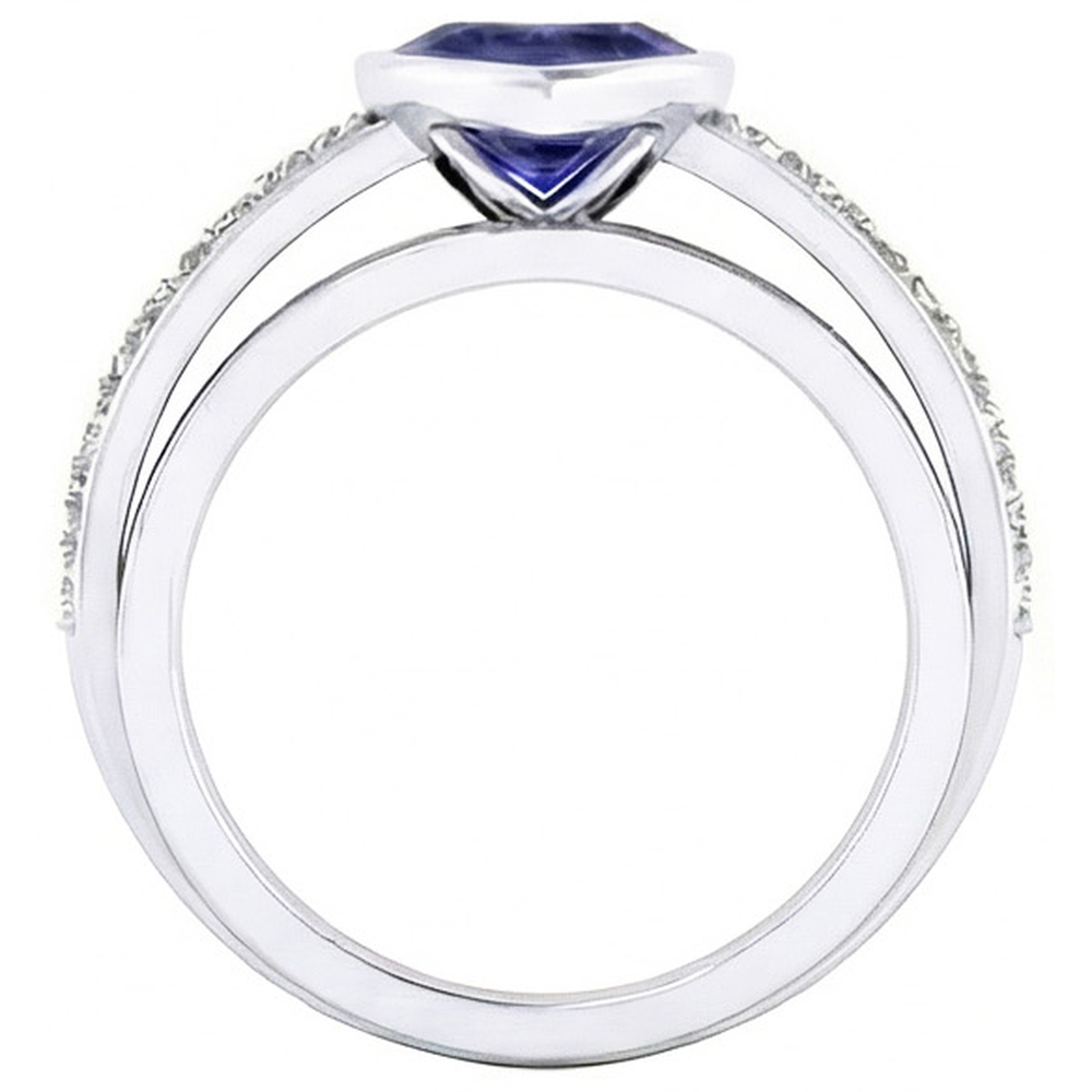 Engagement Ring Bezel Set Deep Blue Sapphire 3.50 Carats Pave Natural Earth Mined Diamond ( Not Lab Grown )s
