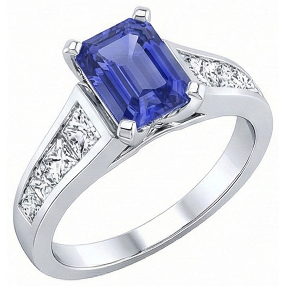 Engagement Ring Emerald Ceylon Sapphire Channel Set Natural Earth Mined Diamond ( Not Lab Grown )s 3 Carats