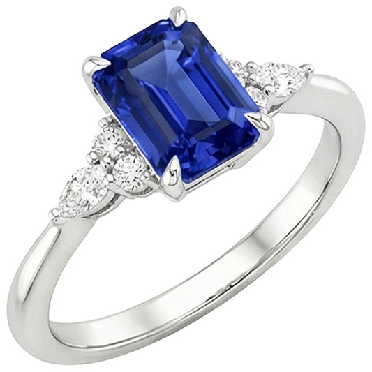 Engagement Ring Floral Style Emerald Blue Sapphire & Natural Earth Mined Diamond ( Not Lab Grown ) 4 Carats