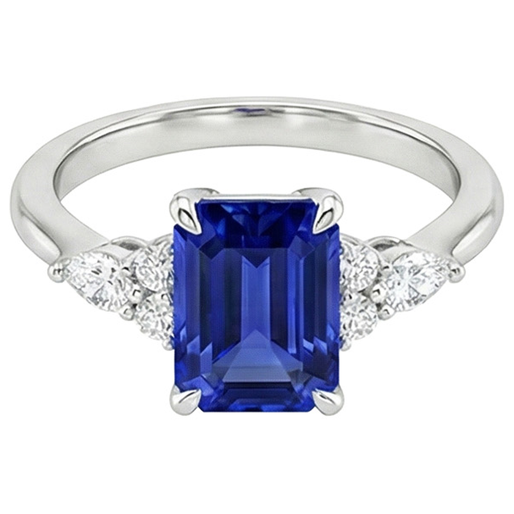 Engagement Ring Floral Style Emerald Blue Sapphire & Natural Earth Mined Diamond ( Not Lab Grown ) 4 Carats