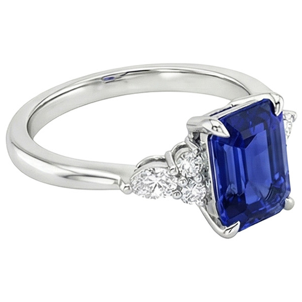 Engagement Ring Floral Style Emerald Blue Sapphire & Natural Earth Mined Diamond ( Not Lab Grown ) 4 Carats