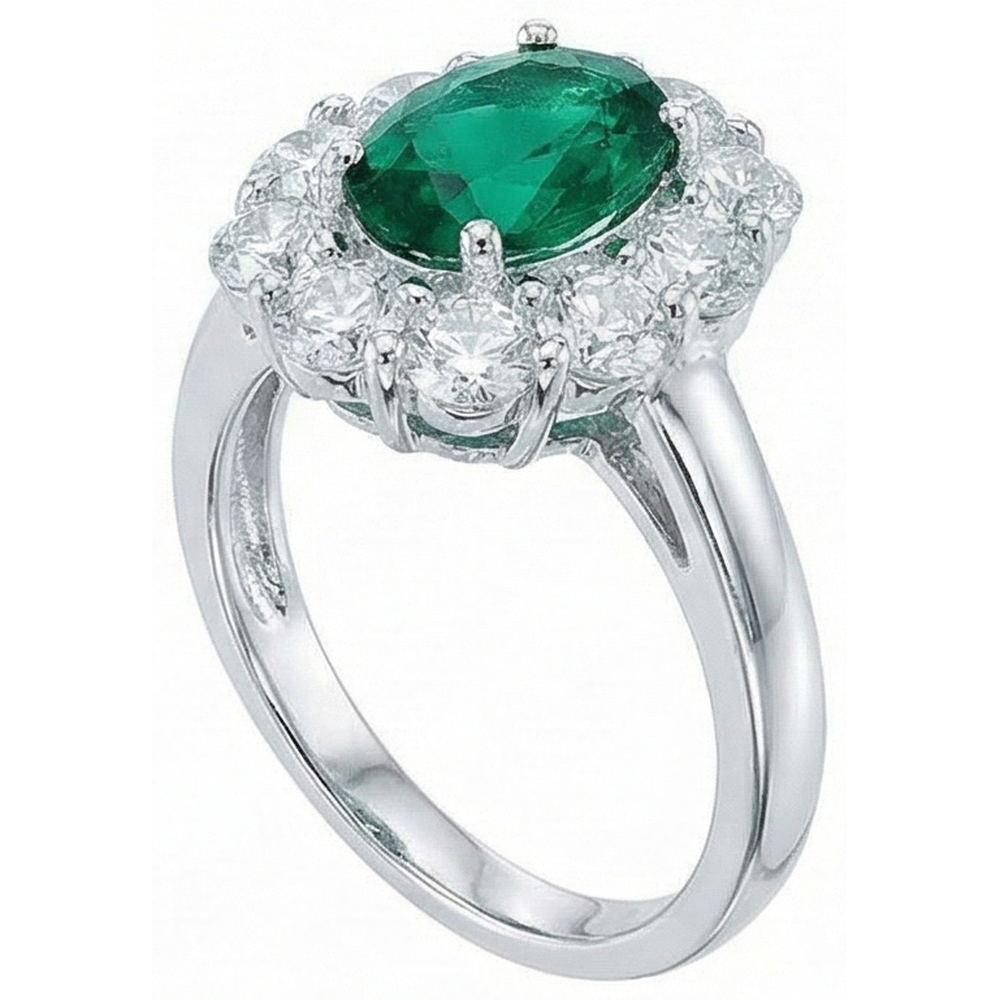 Engagement Ring Oval Cut Green Emerald With Natural Earth Mined Diamond ( Not Lab Grown )  Gold White 14K 6.5 Carats