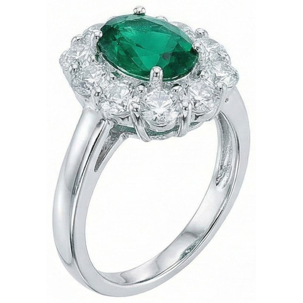 Engagement Ring Oval Cut Green Emerald With Natural Earth Mined Diamond ( Not Lab Grown )  Gold White 14K 6.5 Carats