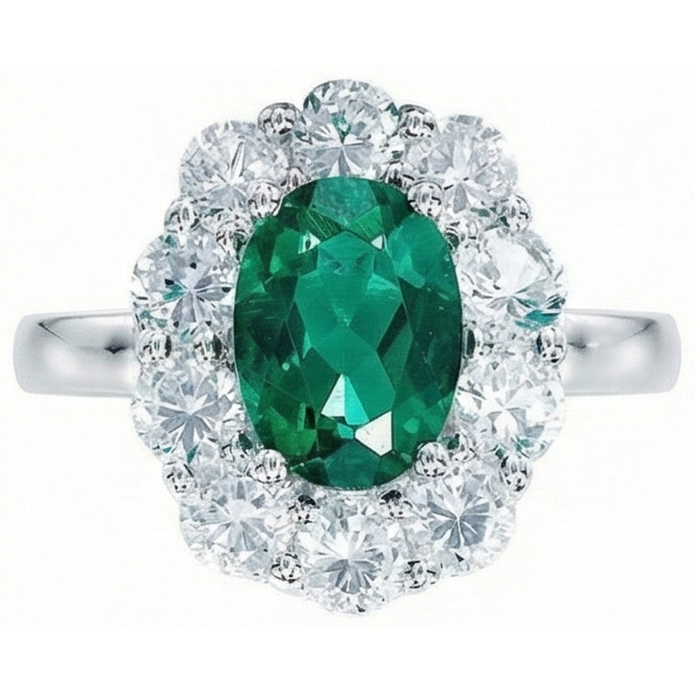 Engagement Ring Oval Cut Green Emerald With Natural Earth Mined Diamond ( Not Lab Grown )  Gold White 14K 6.5 Carats