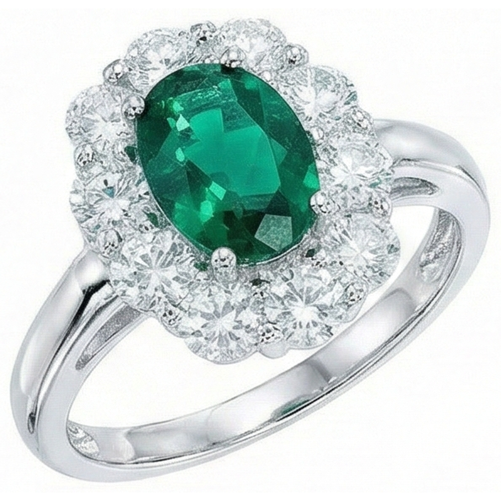 Engagement Ring Oval Cut Green Emerald With Natural Earth Mined Diamond ( Not Lab Grown )  Gold White 14K 6.5 Carats