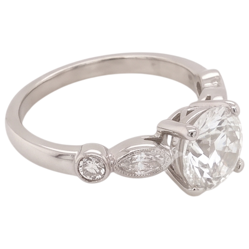 Engagement Ring Real Natural Earth Mined Diamond ( Not Lab Grown ) 2.25 Carats Accented Round & Marquise Cut