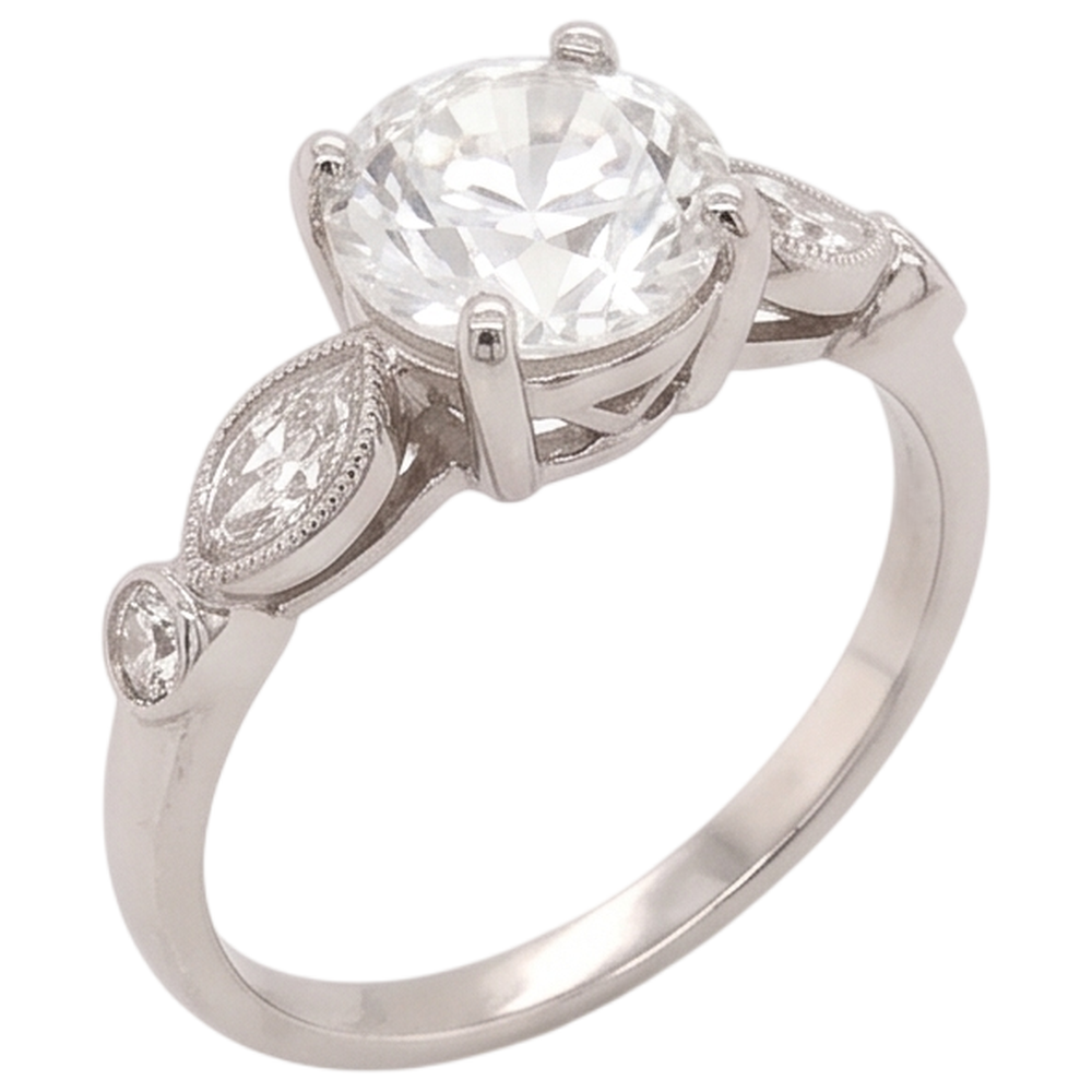Engagement Ring Real Natural Earth Mined Diamond ( Not Lab Grown ) 2.25 Carats Accented Round & Marquise Cut