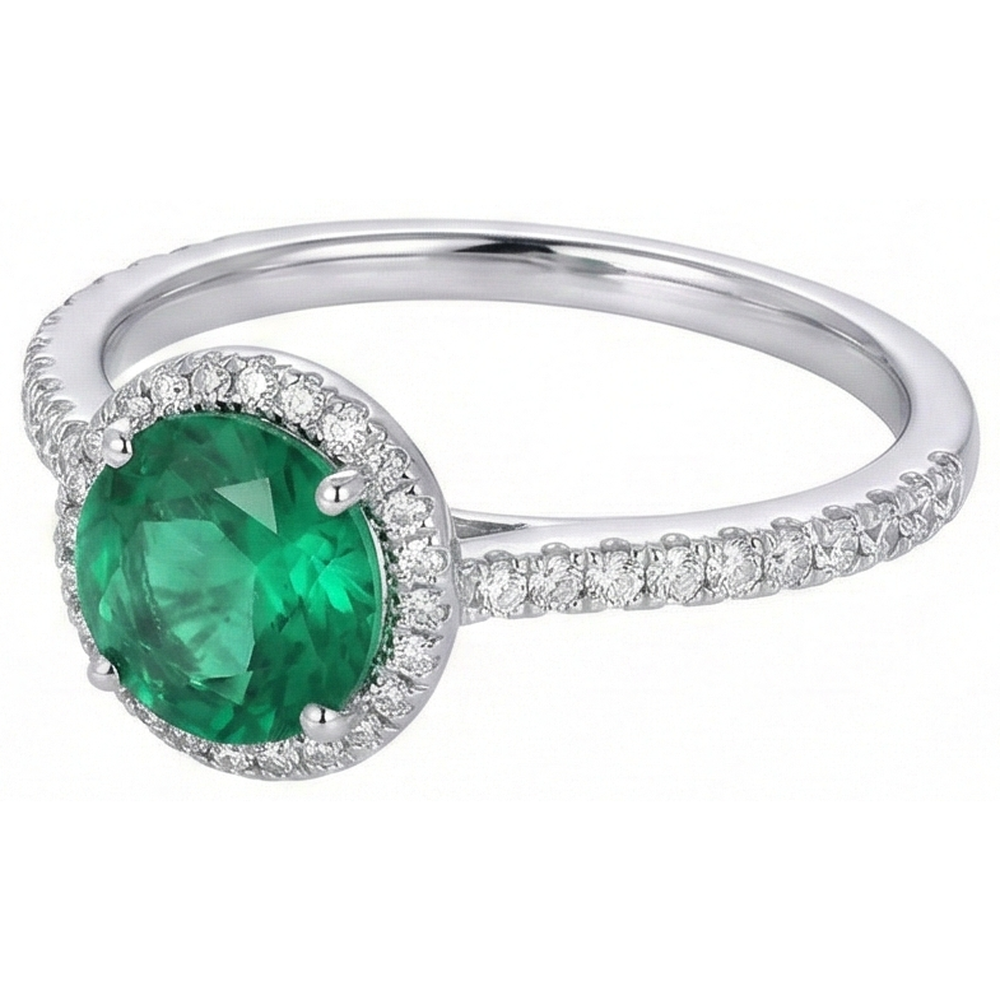 Engagement Ring Round Cut Green Emerald Natural Earth Mined Diamond ( Not Lab Grown )  White Gold 14K 5 Ct