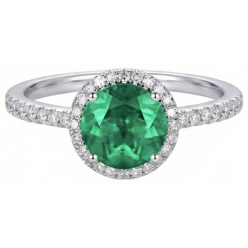 Engagement Ring Round Cut Green Emerald Natural Earth Mined Diamond ( Not Lab Grown )  White Gold 14K 5 Ct