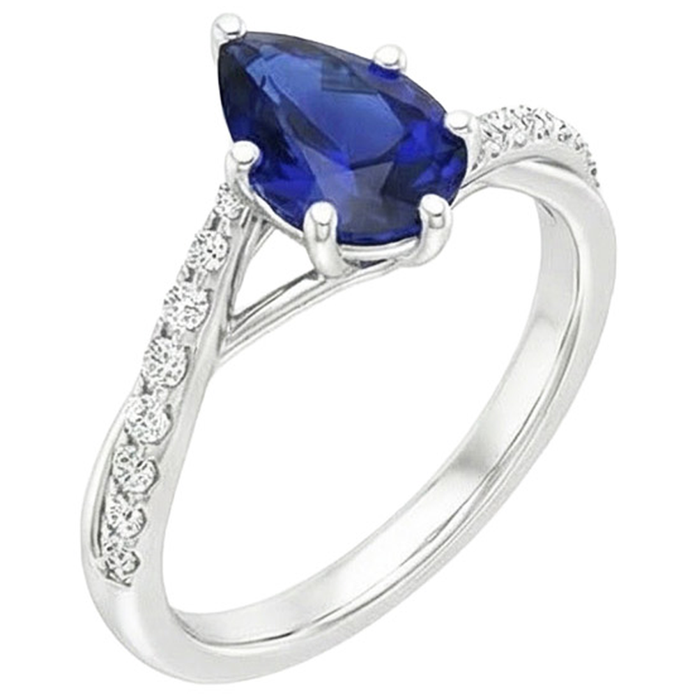 Engagement Ring Split Shank Pear Blue Sapphire & Natural Earth Mined Diamond ( Not Lab Grown )s 3.25 Carats