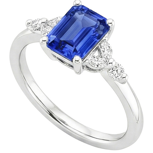 Engagement Ring With Accents Emerald Blue Sapphire & Natural Earth Mined Diamond ( Not Lab Grown ) 4 Carats