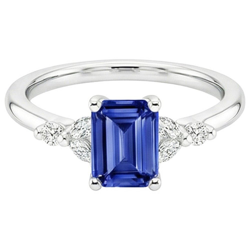 Engagement Ring With Accents Emerald Blue Sapphire & Natural Earth Mined Diamond ( Not Lab Grown ) 4 Carats