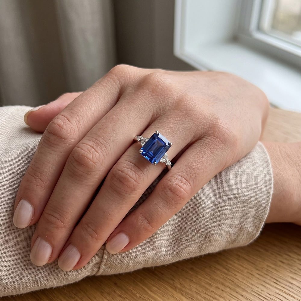 Engagement Ring With Accents Emerald Blue Sapphire & Natural Earth Mined Diamond ( Not Lab Grown ) 4 Carats