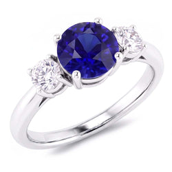 Engagement Three Stone Ring Round Blue Sapphire 2.50 Carats Natural Earth Mined Diamond ( Not Lab Grown )s