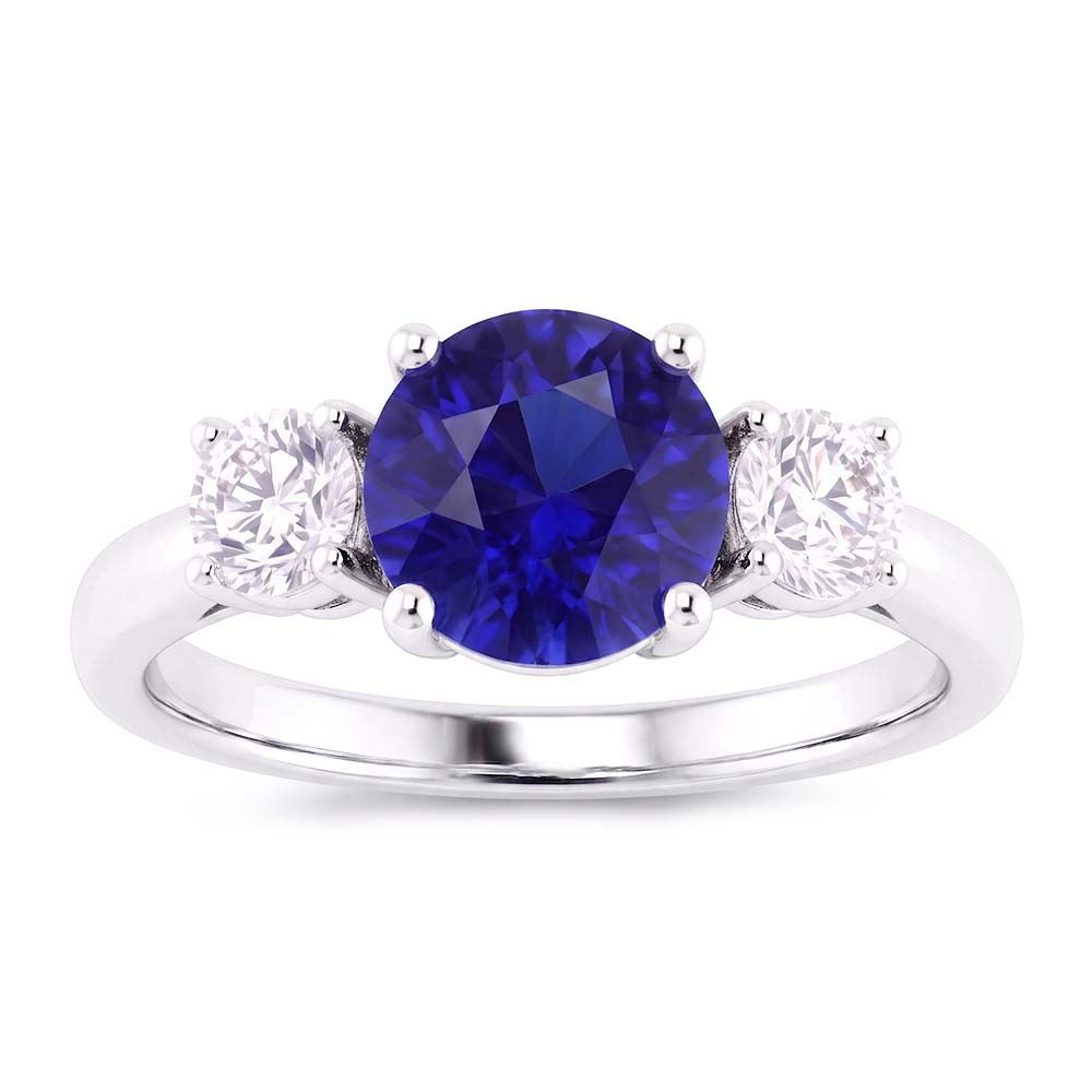 Engagement Three Stone Ring Round Blue Sapphire 2.50 Carats Natural Earth Mined Diamond ( Not Lab Grown )s