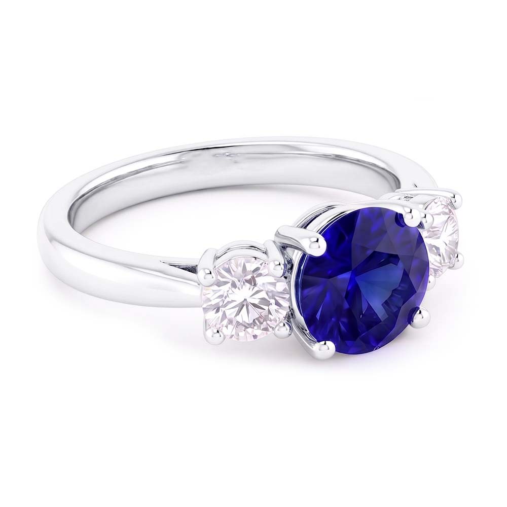 Engagement Three Stone Ring Round Blue Sapphire 2.50 Carats Natural Earth Mined Diamond ( Not Lab Grown )s