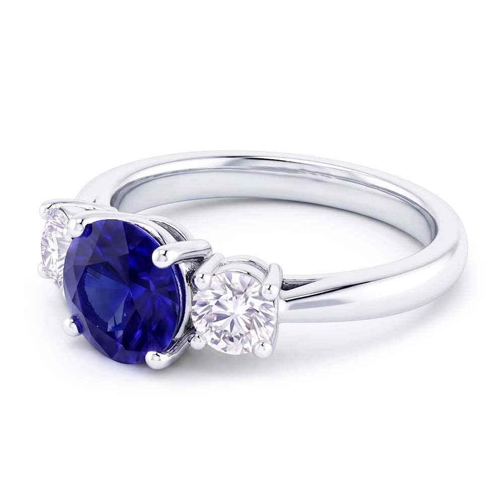 Engagement Three Stone Ring Round Blue Sapphire 2.50 Carats Natural Earth Mined Diamond ( Not Lab Grown )s