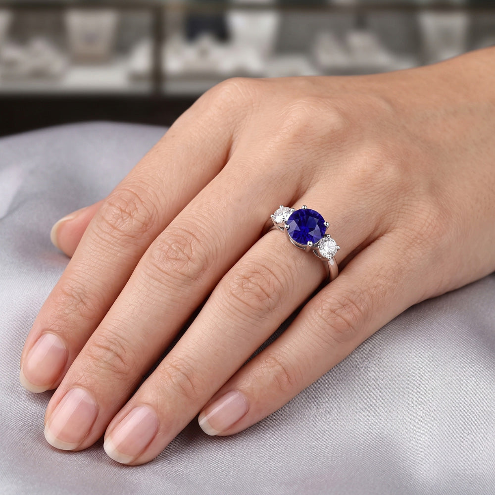 Engagement Three Stone Ring Round Blue Sapphire 2.50 Carats Natural Earth Mined Diamond ( Not Lab Grown )s