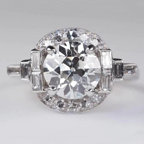 Engagement Halo Baguette & Round Old Miner Real Diamond Ring 3.75 Carats