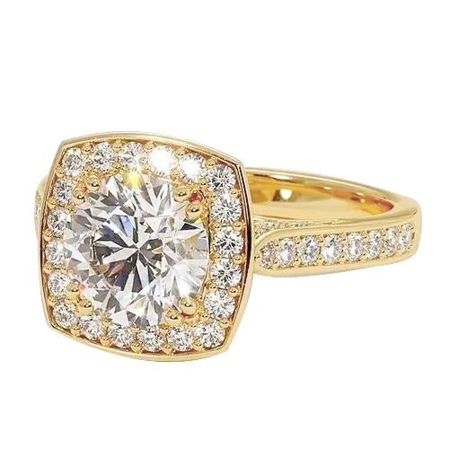 Engagement Halo Ring Round Genuine Diamond 3.50 Carats Yellow Gold