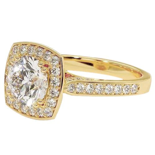 Engagement Halo Ring Round Genuine Diamond Yellow Gold 14K