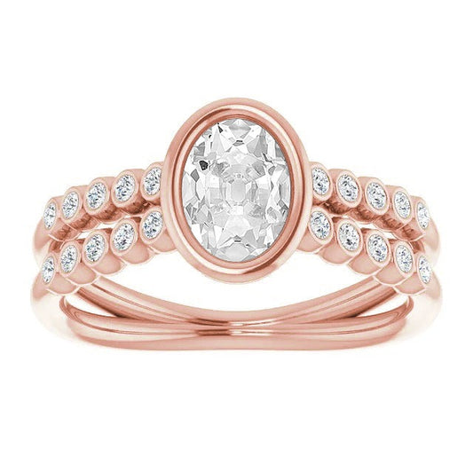 Engagement Ring Real Oval Old Cut Diamonds Bezel Set 5 Carats Split Shank