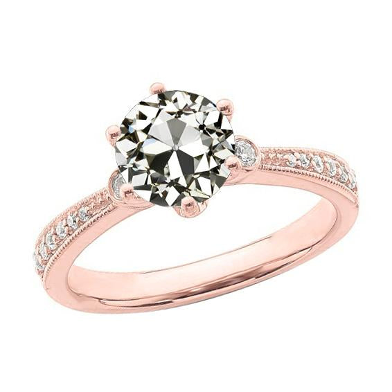 Engagement Ring Round Old Mine Cut Genuine Diamond 3.25 Carats Rose Gold