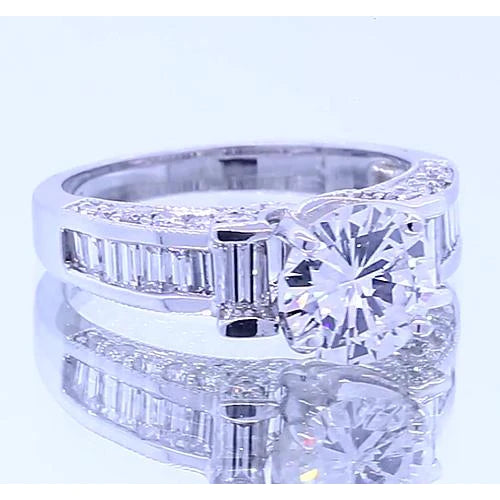 Engagement Ring Round & Baguettes Real Diamond 2.50 Carats