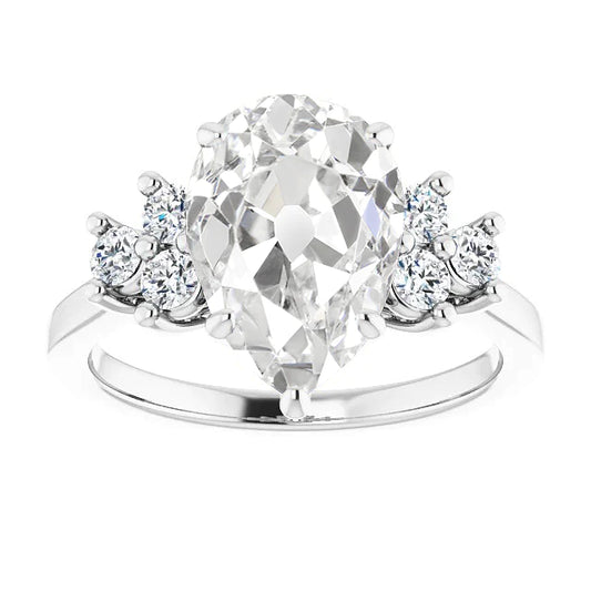 Engagement Ring Round & Pear Old Mine Cut Real Diamond 6 Carats