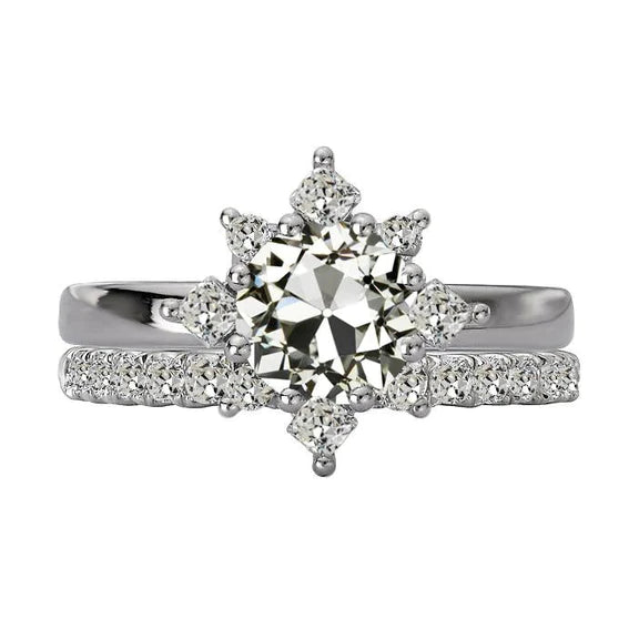 Engagement Ring Set Cushion & Round Old Cut Genuine Diamond Star Style 5 Carats