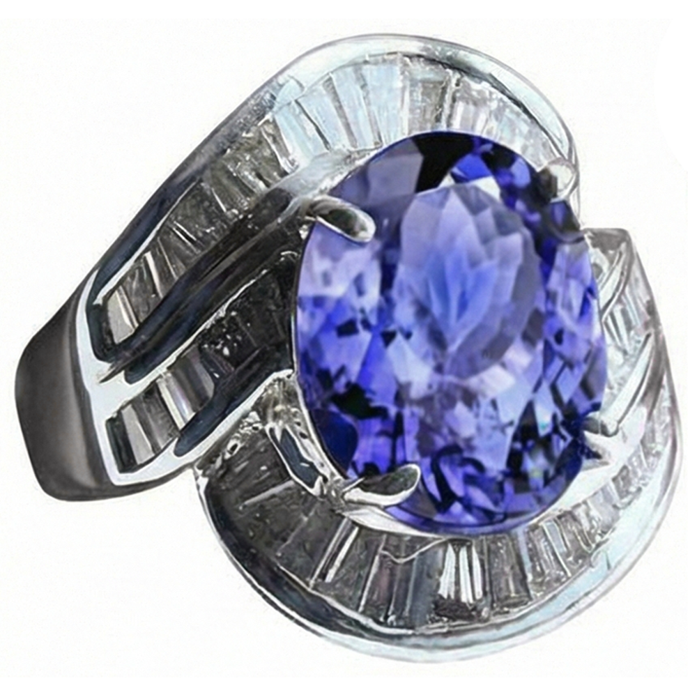 Fancy Women Ring Tanzanite Oval And Baguette Natural Earth Mined Diamonds New 5 Ct.