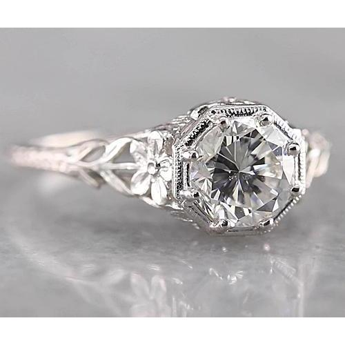 Filigree Round Natural Diamond Ring 1.50 Carats White Gold 