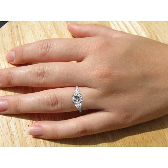 Filigree Round Natural Diamond Ring White Gold 14K