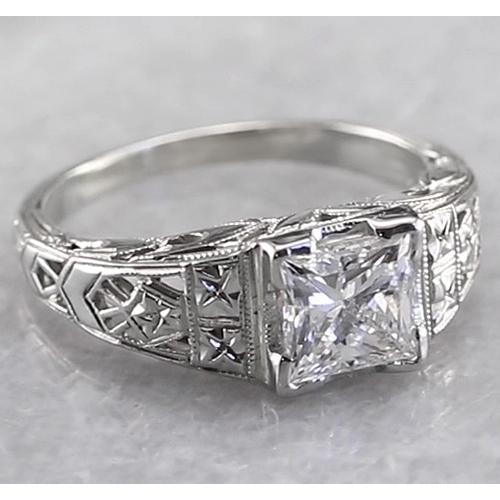 Filigree Style Princess Real Diamond Ring 1 Carat White Gold 14K