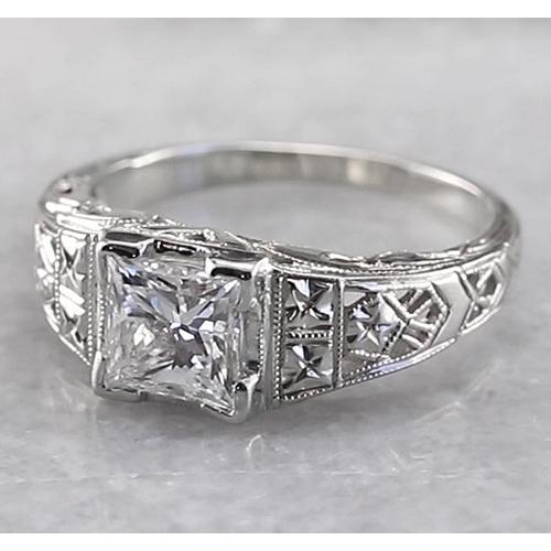 Filigree Style Princess Real Diamond Ring 1 Carat White Gold 14K