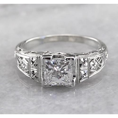 Filigree Style Princess Real Diamond Ring 1 Carat White Gold 14K